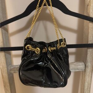 Glossy Black Shoulder Bag with Gold Chain